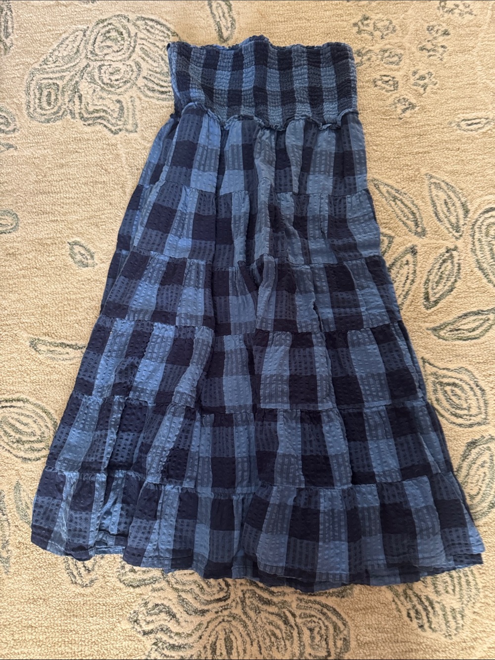 Blue Checked Smocked Waist Maxi Skirt